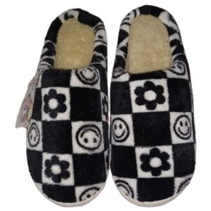Cozy Plush Black and White Slippers with Geometric Print No Skid Rubber Soles